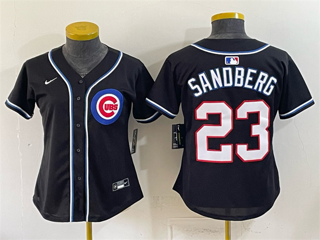 Women's Chicago Cubs #23 Ryne Sandberg 2026 Fashion Replica Black Out Stitched Baseball Jersey(Run Small) Women's Chicago Cubs #23 Ryne Sandberg 2026 Fashion Replica Black Out Stitched Baseball Jersey(Run Small)